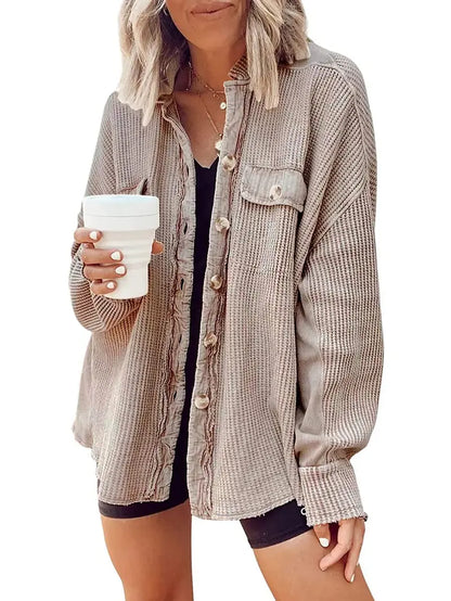 Ebossy Women's Basic Button-Front Long Batwing Sleeve Splicing Cardigan - Lightweight Waffle Textured Boyfriend Shacket, Women's Outerwear Clothes
