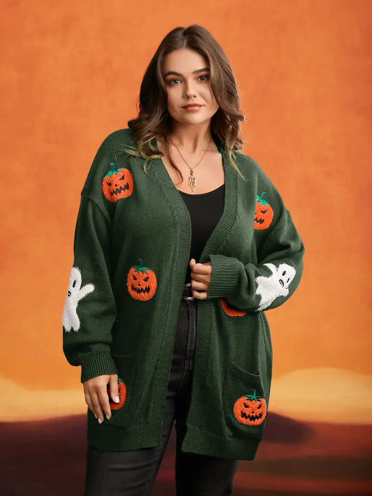 BloomChic Plus Size Women's Knit Kimono Cardigan [M-6X,14-16/1X], Long Sleeve Drop Shoulder Open Front Knitwear, Casual Pullover Tops with Embroidered Pockets, Cozy Fall Layering Tops