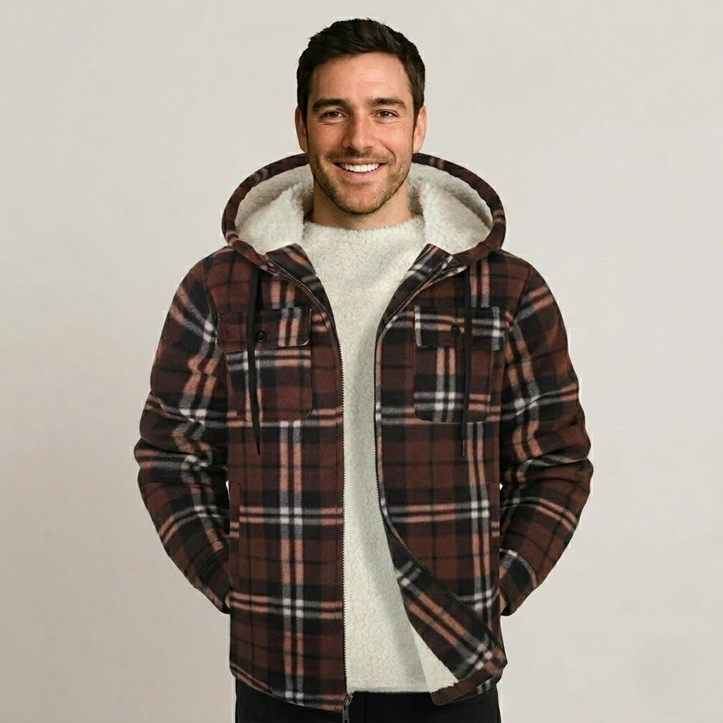 Sherpa Lined Plaid Flannel Zip Hoodie Jacket