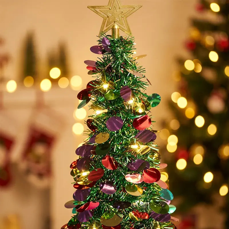 MATULSA 5ft Metal Round Pop-up Christmas Tree with Lights, Ornaments, 8 Lighting Modes & Star Topper - Foldable Home Decor Items for Apartments, Small Spaces