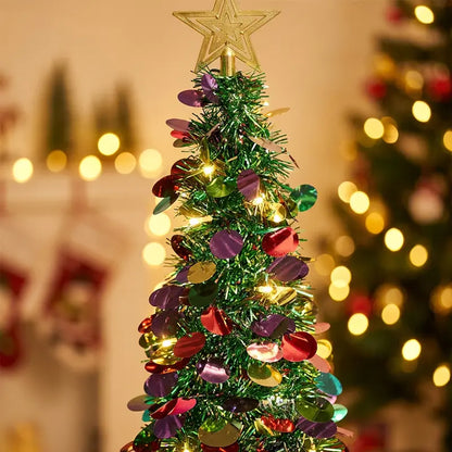 MATULSA 5ft Metal Round Pop-up Christmas Tree with Lights, Ornaments, 8 Lighting Modes & Star Topper - Foldable Home Decor Items for Apartments, Small Spaces