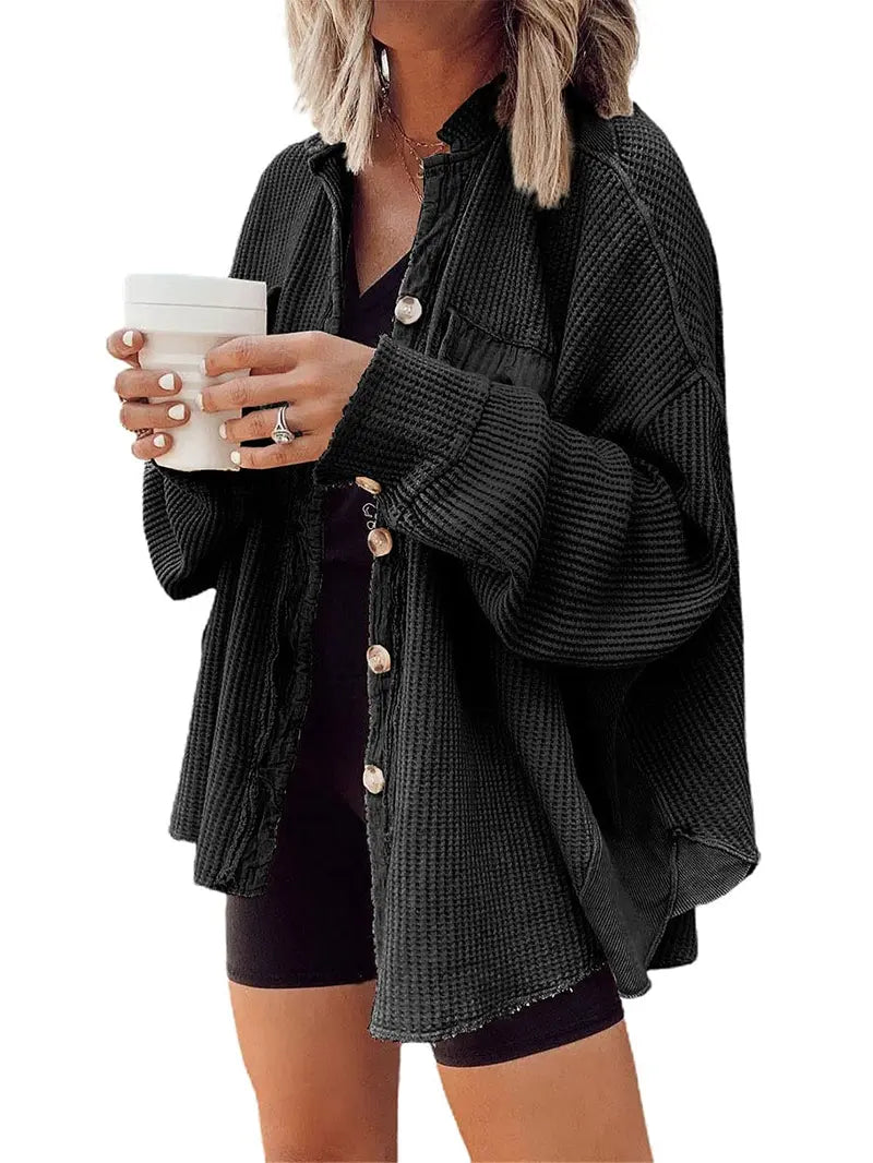 Ebossy Women's Basic Button-Front Long Batwing Sleeve Splicing Cardigan - Lightweight Waffle Textured Boyfriend Shacket, Women's Outerwear Clothes