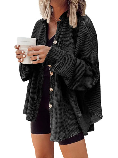 Ebossy Women's Basic Button-Front Long Batwing Sleeve Splicing Cardigan - Lightweight Waffle Textured Boyfriend Shacket, Women's Outerwear Clothes