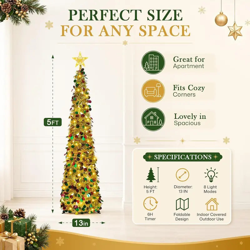 MATULSA 5ft Metal Round Pop-up Christmas Tree with Lights, Ornaments, 8 Lighting Modes & Star Topper - Foldable Home Decor Items for Apartments, Small Spaces