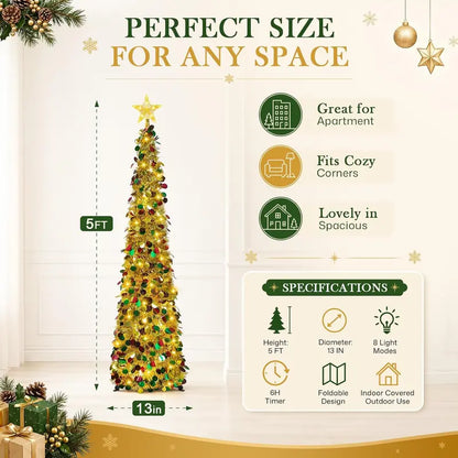 MATULSA 5ft Metal Round Pop-up Christmas Tree with Lights, Ornaments, 8 Lighting Modes & Star Topper - Foldable Home Decor Items for Apartments, Small Spaces