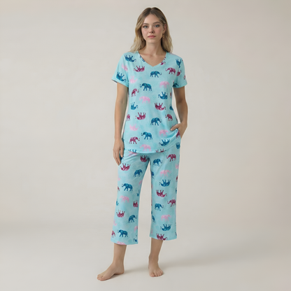 Short Sleeve Printed Capri Pajama Set For Women