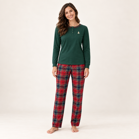 Christmas Family Matching Pajama Set with Green Henley Top and Red Tartan Plaid Pants for Women, Men, Kids, Baby and Dog