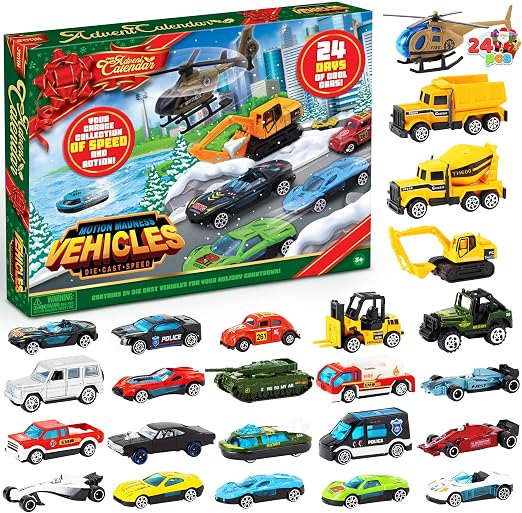 JOYIN 2022 Christmas Advent Calendar for Kids, 24 Days Countdown Calendar Toys with Diecast Cars Set for Boys Kids Party Favors, Classroom Prizes, Xmas Gift