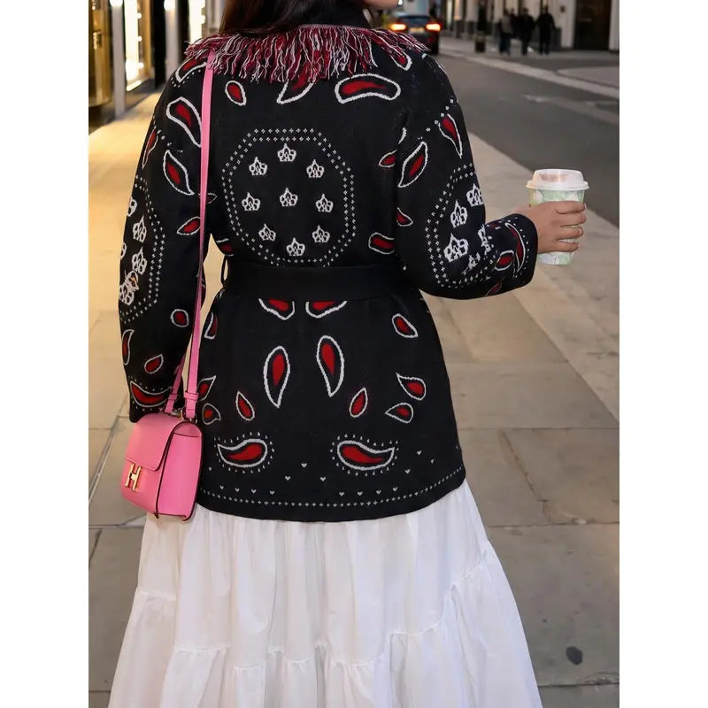 Cicy Bell sohochic Womens Cardigan Sweater Long Sleeve Fringe V Neck Printed Open Front Boho Patchwork Bleted Knit Coats