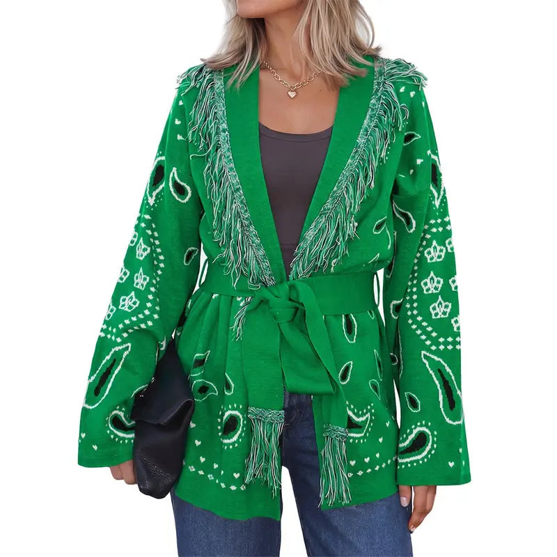 Cicy Bell sohochic Womens Cardigan Sweater Long Sleeve Fringe V Neck Printed Open Front Boho Patchwork Bleted Knit Coats