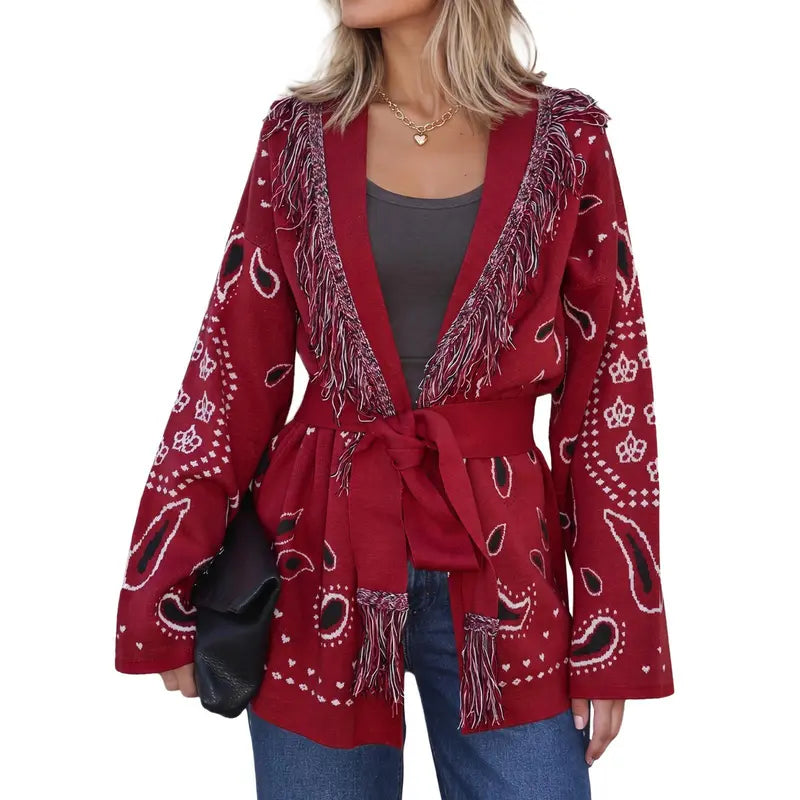 Cicy Bell sohochic Womens Cardigan Sweater Long Sleeve Fringe V Neck Printed Open Front Boho Patchwork Bleted Knit Coats