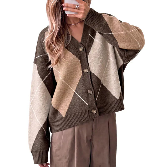 Cicy Bell sohochic Women Plaid Sweater Cardigan V Neck Long Sleeve Knitwear | Argyle, Oversized, Color Block Grandpa Sweaters, Vintage Preppy Cardigan, Button Down, Loose Fit