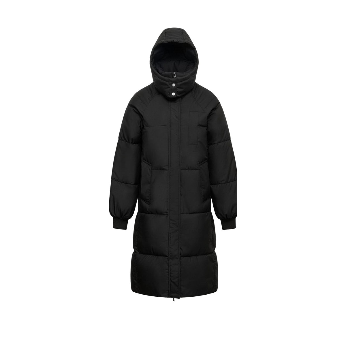 Black long hooded puffer coat, Basic version