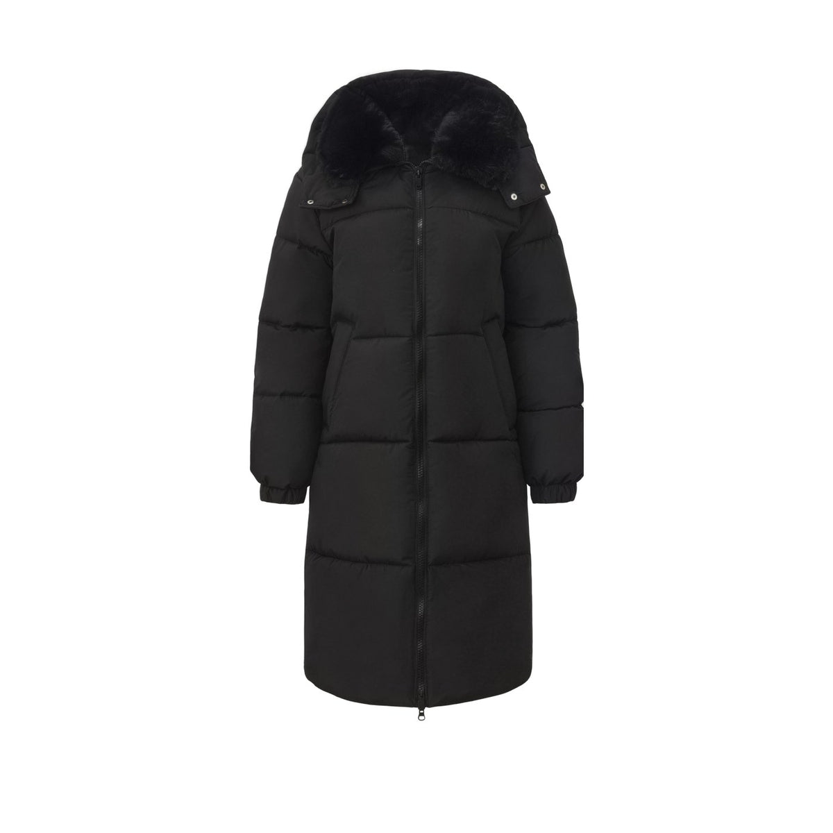 Black long hooded puffer coat, Faux Fur Collar version