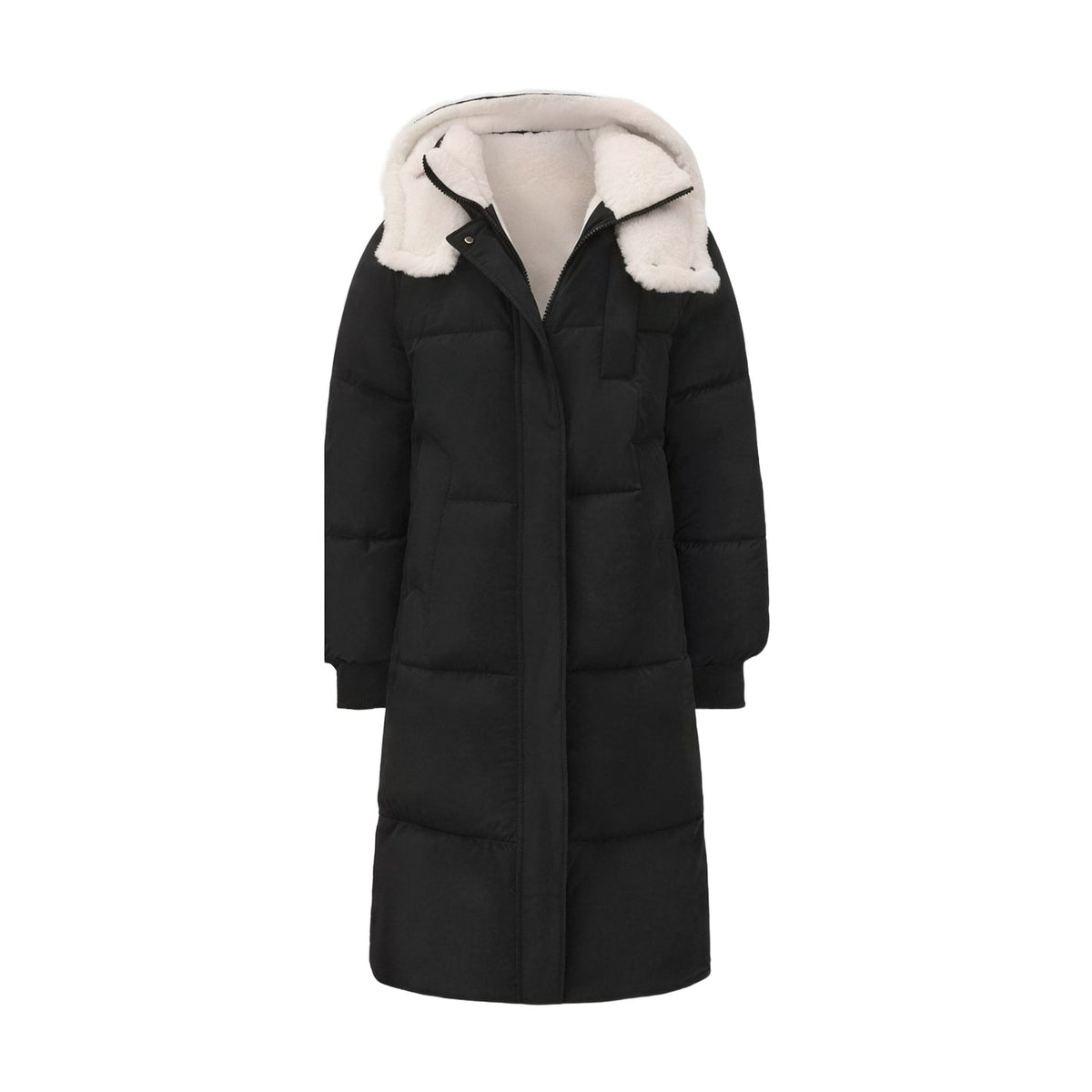 Black long hooded puffer coat, Faux Fur Lined version