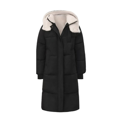 Black long hooded puffer coat, Faux Fur Lined version