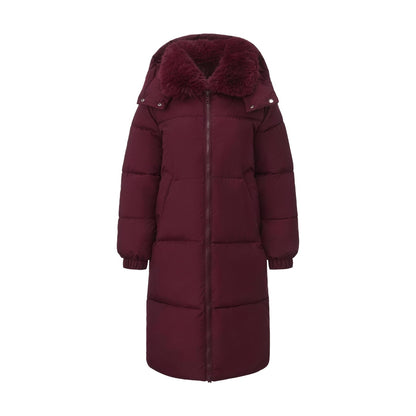 Burgundy long hooded puffer coat, Faux Fur Collar version