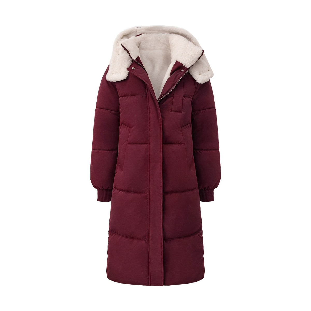 Burgundy long hooded puffer coat, Faux Fur Lined version