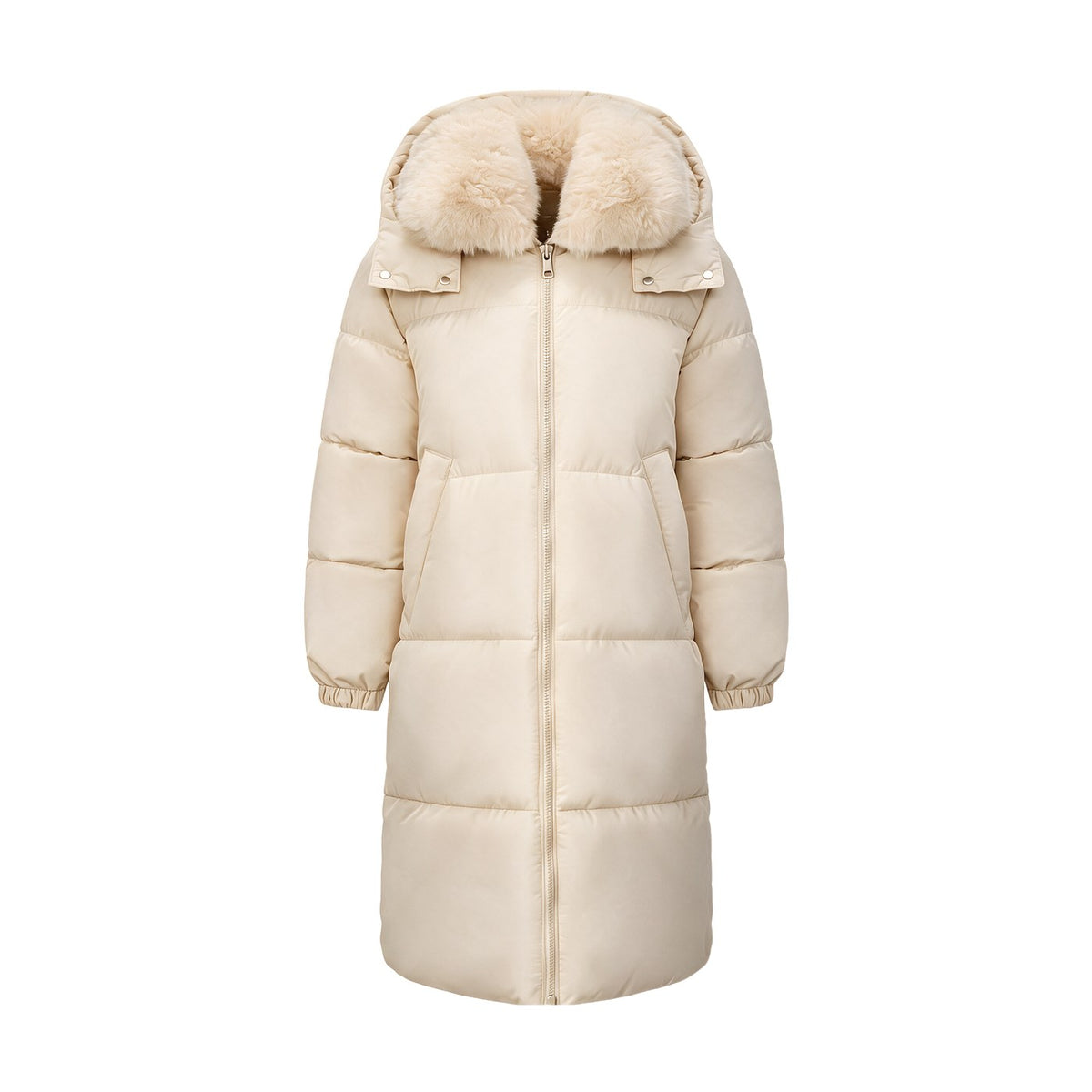 Cream long hooded puffer coat, Faux Fur Collar version