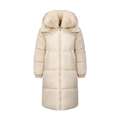 Cream long hooded puffer coat, Faux Fur Collar version