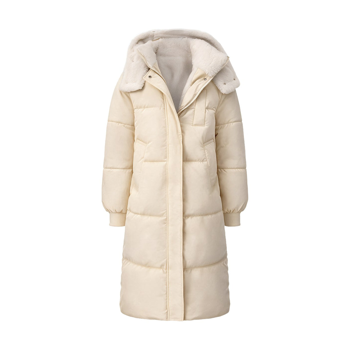 Cream long hooded puffer coat, Faux Fur Lined version