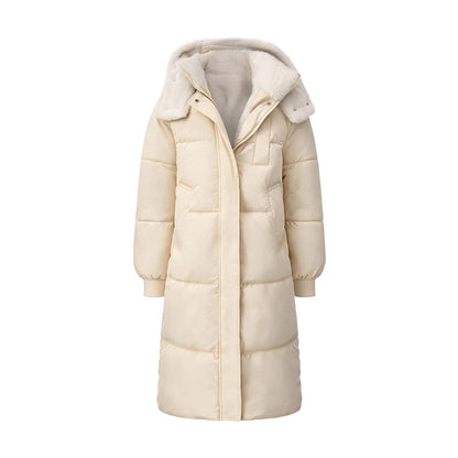 Cream long hooded puffer coat, Faux Fur Lined version