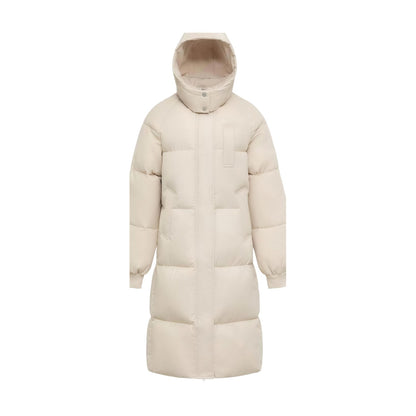 Cream long hooded puffer coat, Premium version
