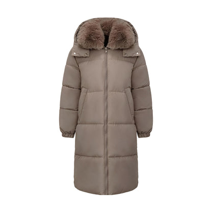 Dark Taupe long hooded puffer coat, Faux Fur Collar version