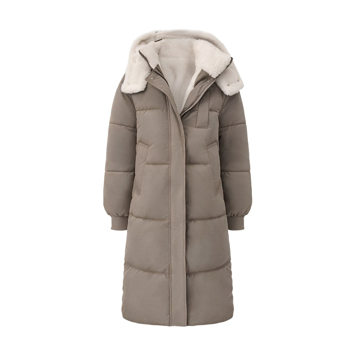 Dark Taupe long hooded puffer coat, Faux Fur Lined version