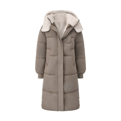 Dark Taupe long hooded puffer coat, Faux Fur Lined version
