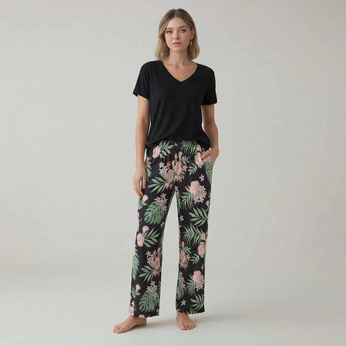 V Shaped Sleepwear And Capri Pajama Set