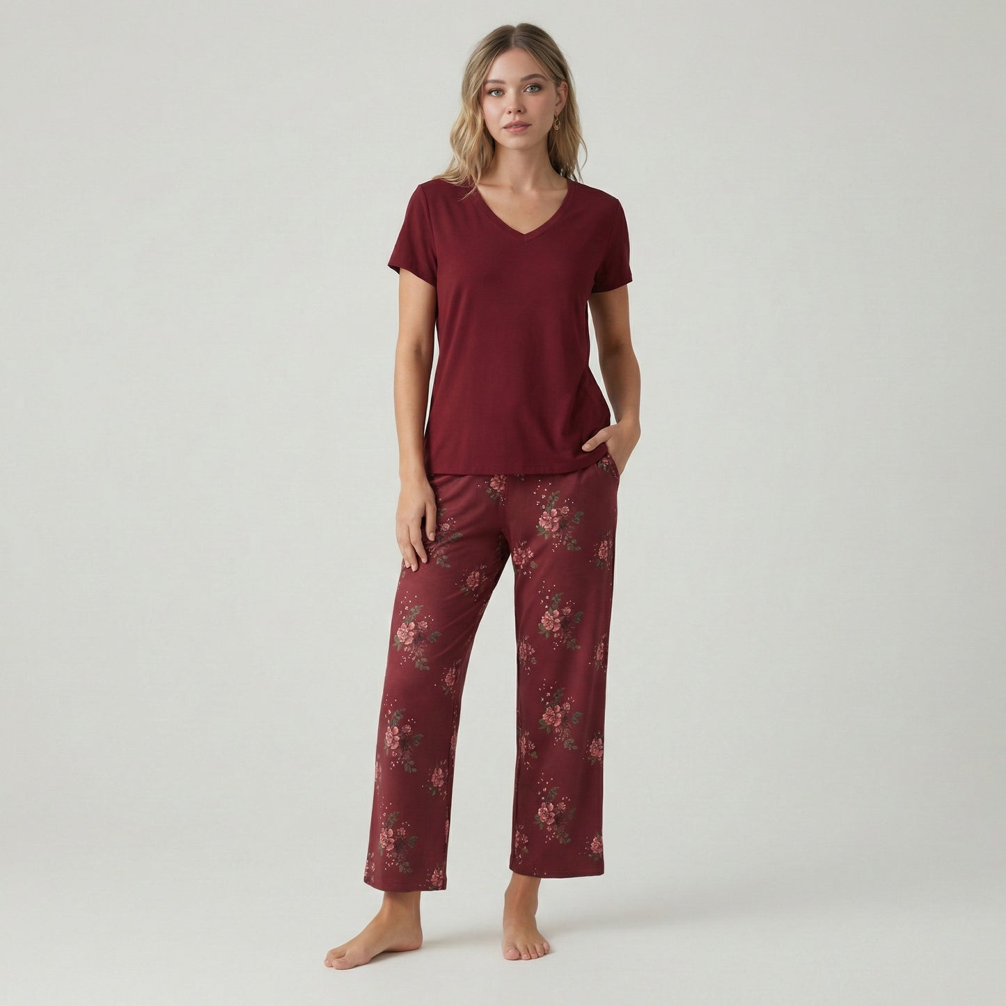 V Shaped Sleepwear And Capri Pajama Set