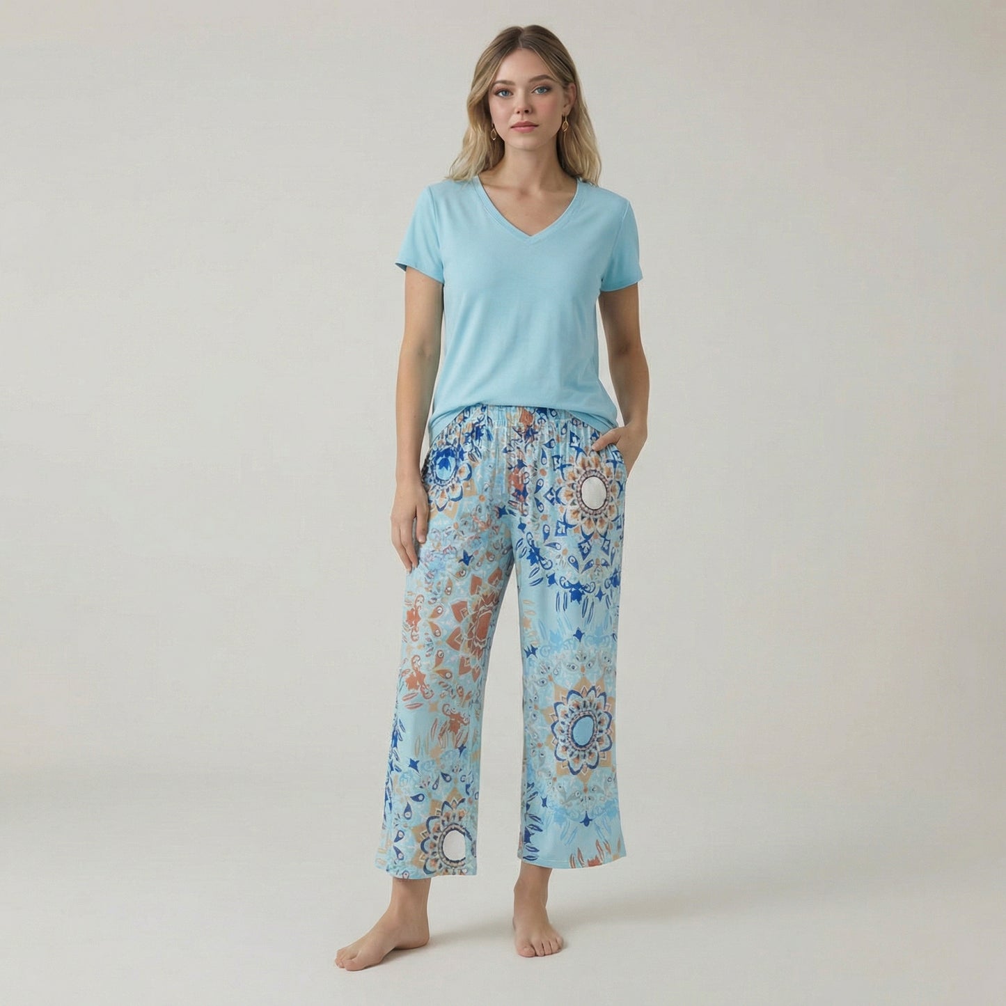 V Shaped Sleepwear And Capri Pajama Set
