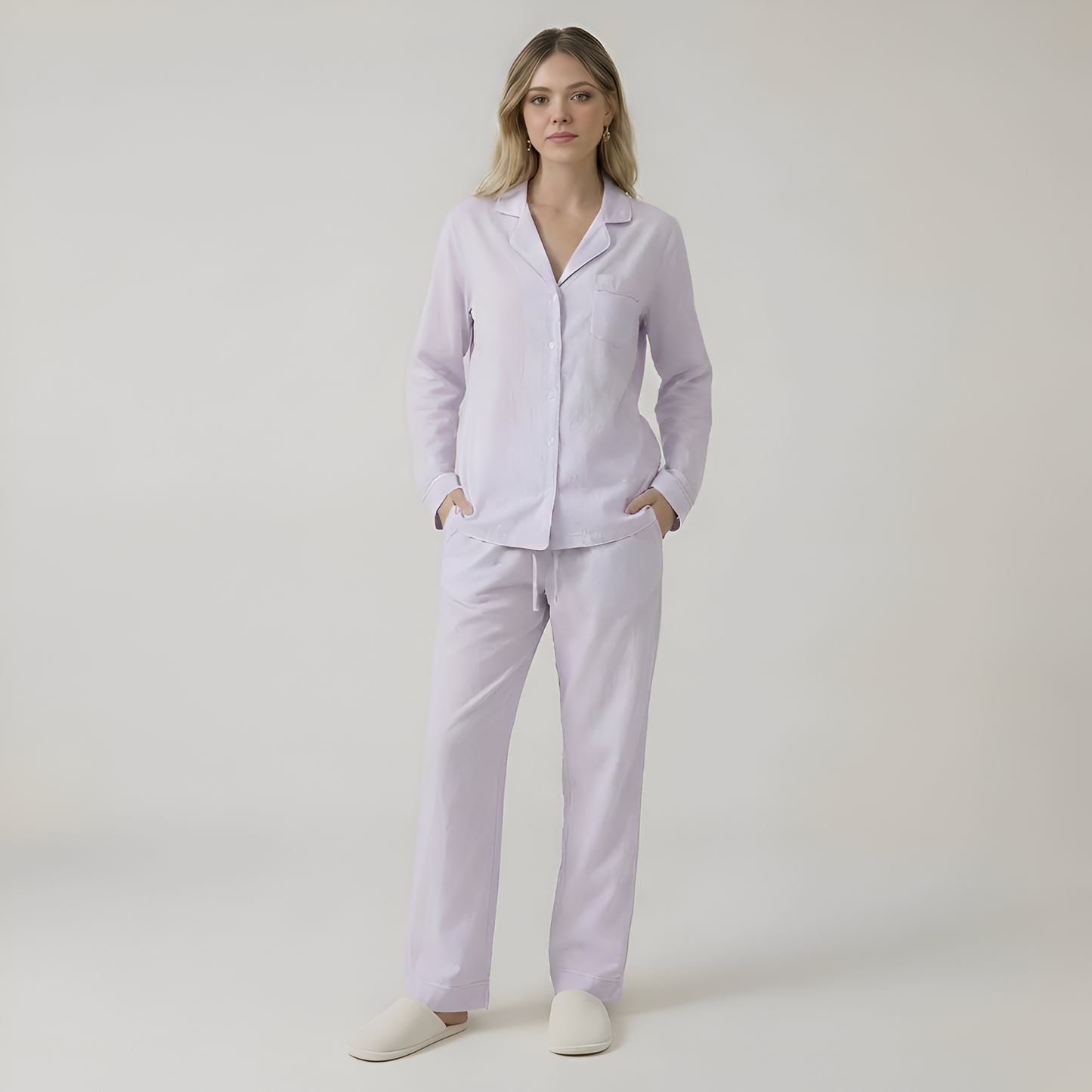 Long Sleeve Front Button Pajama Set For Women