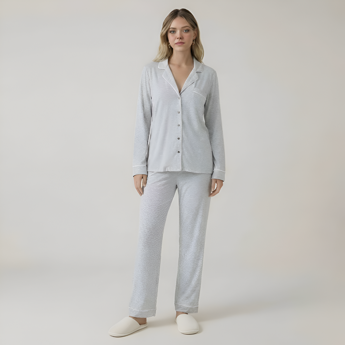 Long Sleeve Front Button Pajama Set For Women