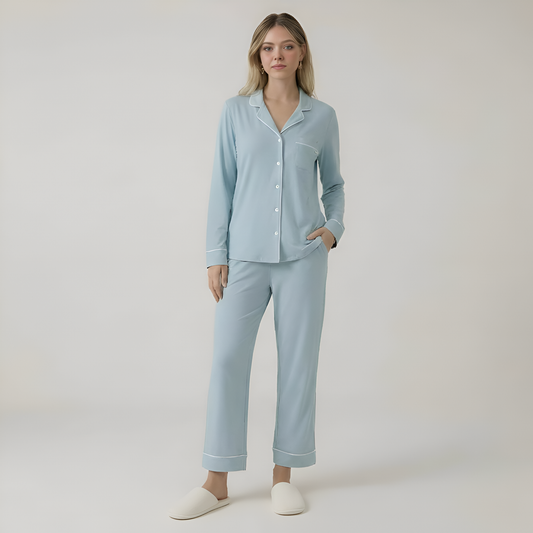 Long Sleeve Front Button Pajama Set For Women