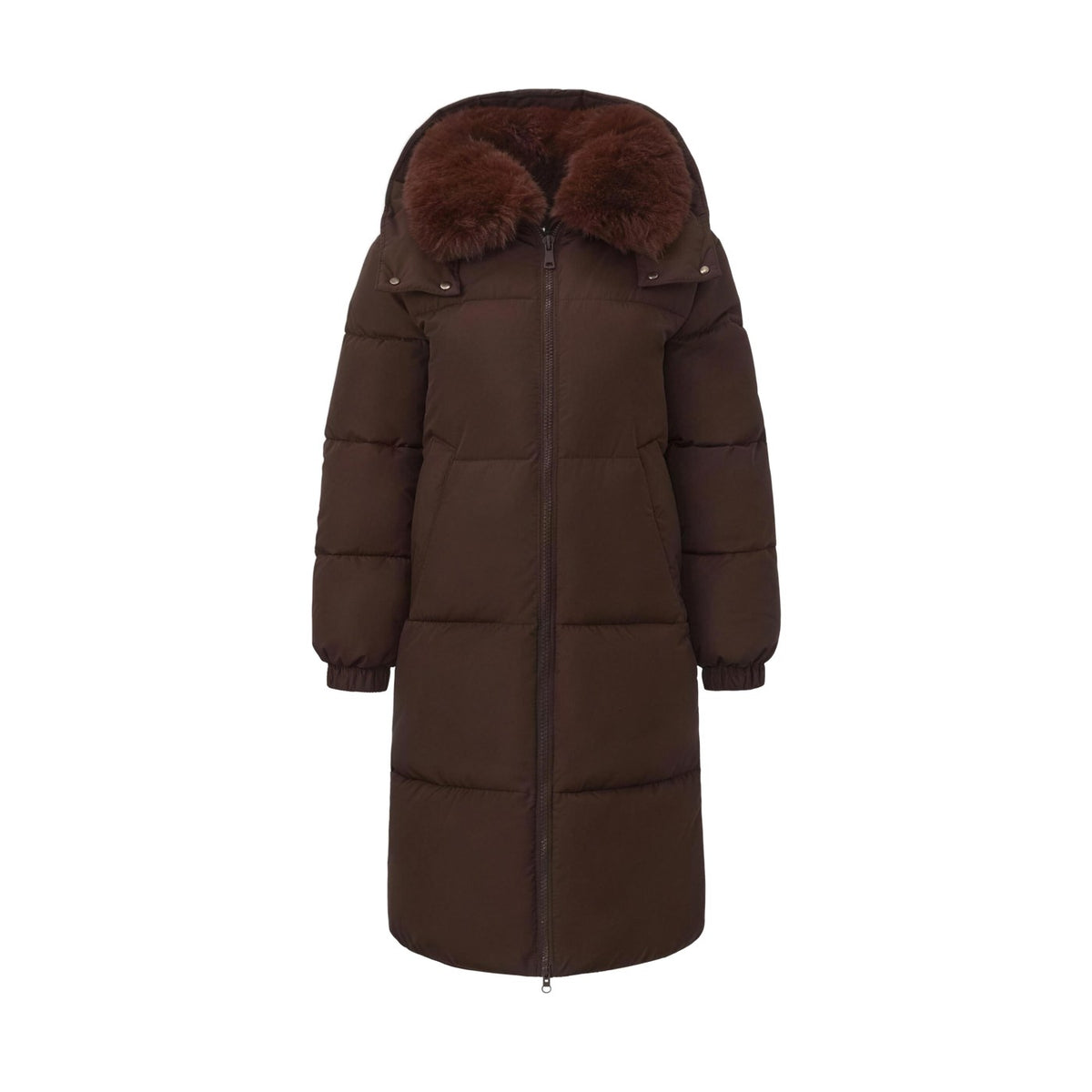 Mocha Brown long hooded puffer coat, Faux Fur Collar version