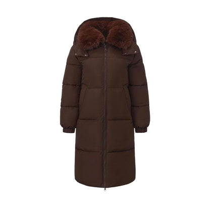 Mocha Brown long hooded puffer coat, Faux Fur Collar version