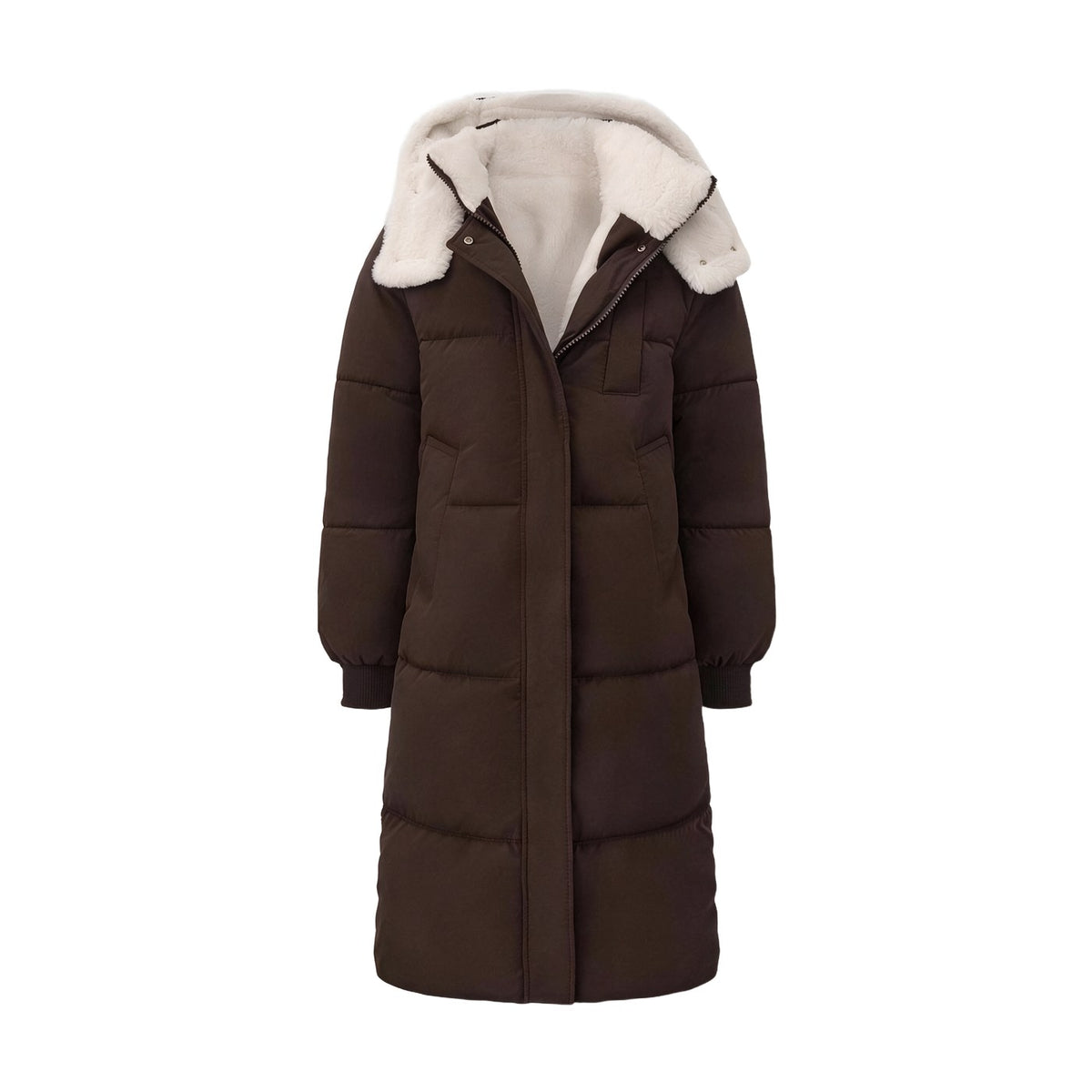 Mocha Brown long hooded puffer coat, Faux Fur Lined version