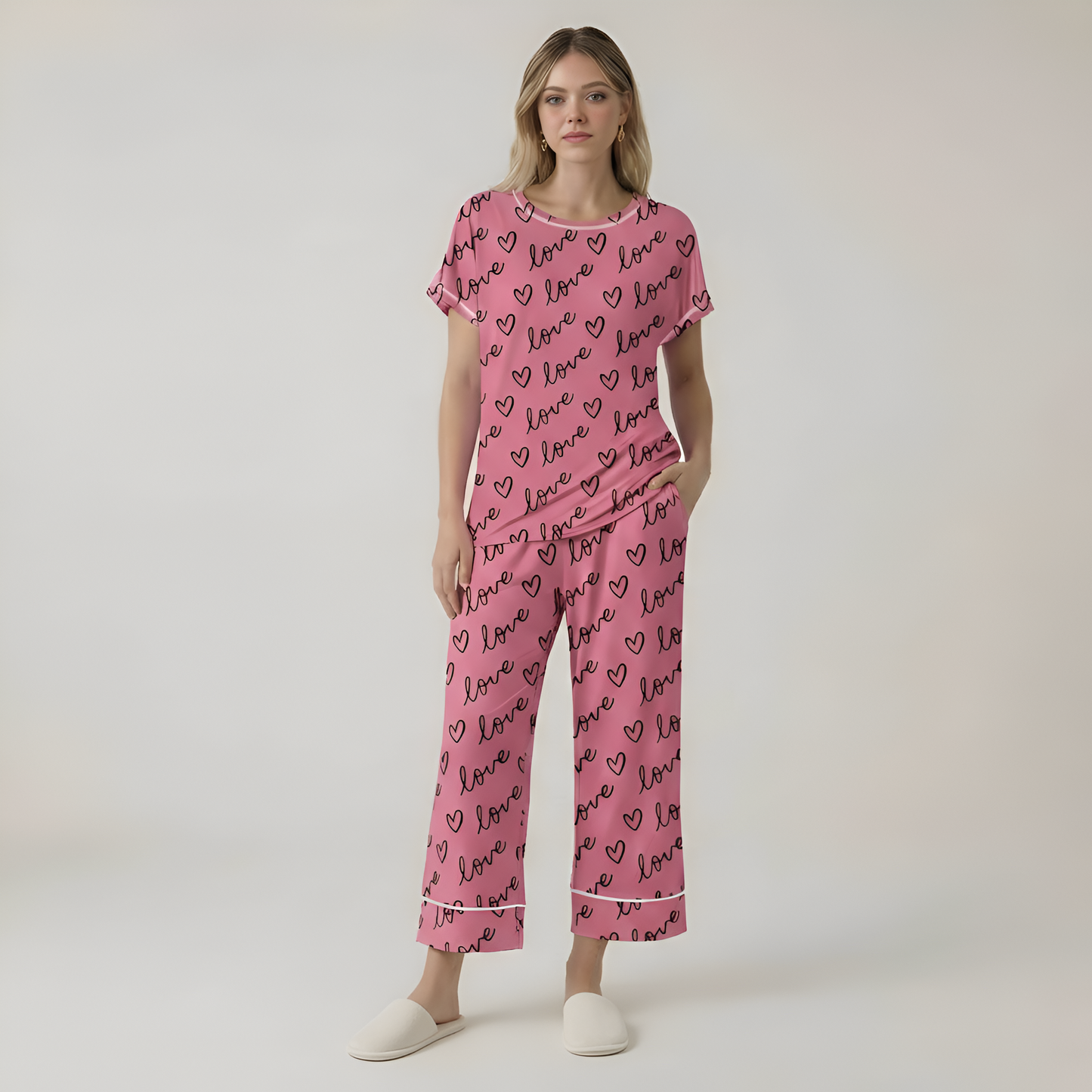 Printed Short Sleeve Capri Sleepwear Set For Women