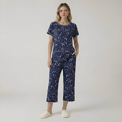 Printed Short Sleeve Capri Sleepwear Set For Women