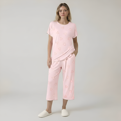 Printed Short Sleeve Capri Sleepwear Set For Women