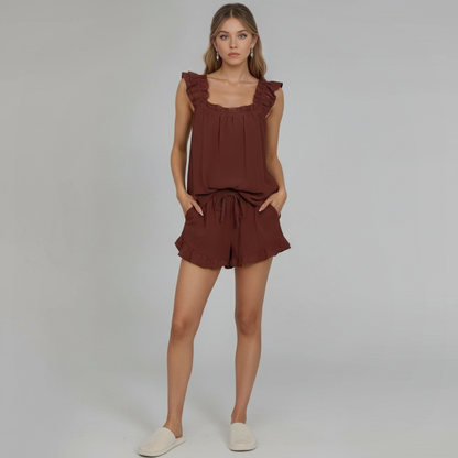Sleeveless Ruffle Trim Two Piece Pajama Set