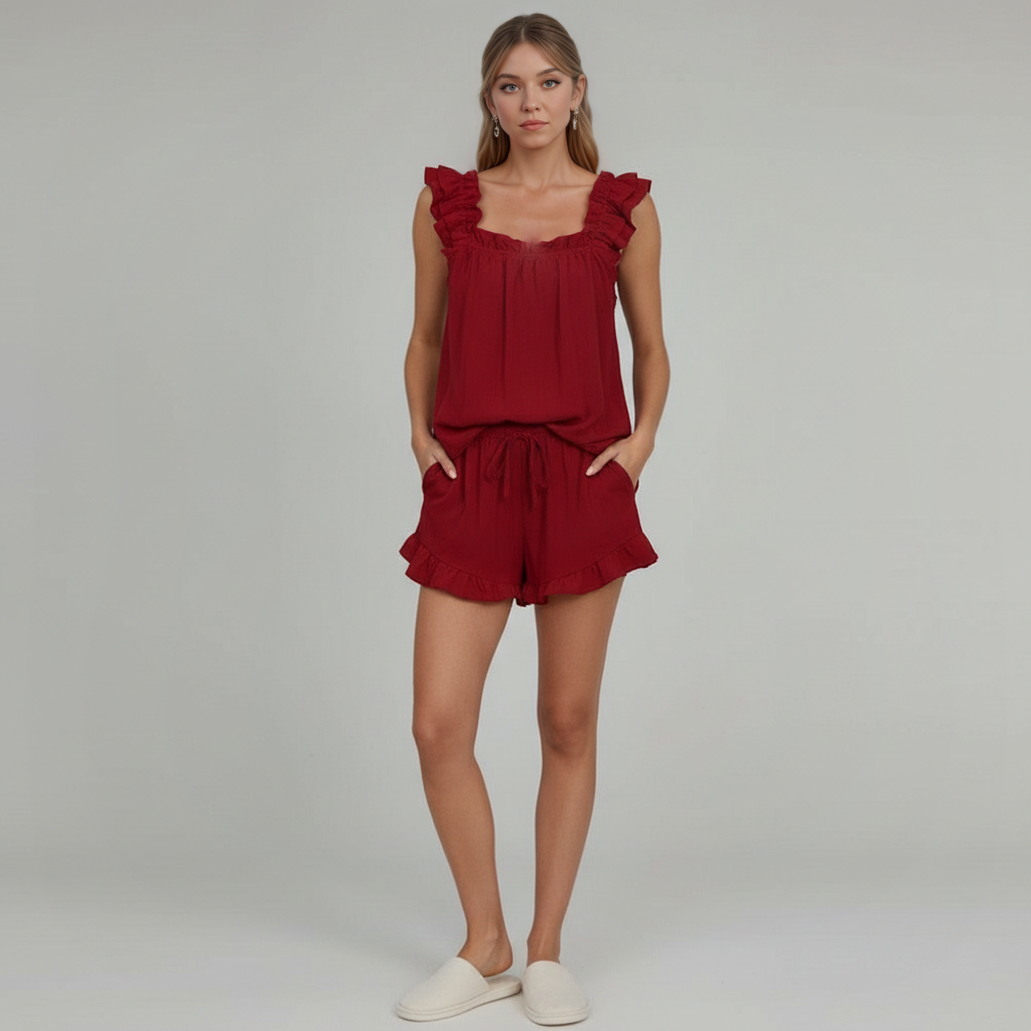 Sleeveless Ruffle Trim Two Piece Pajama Set