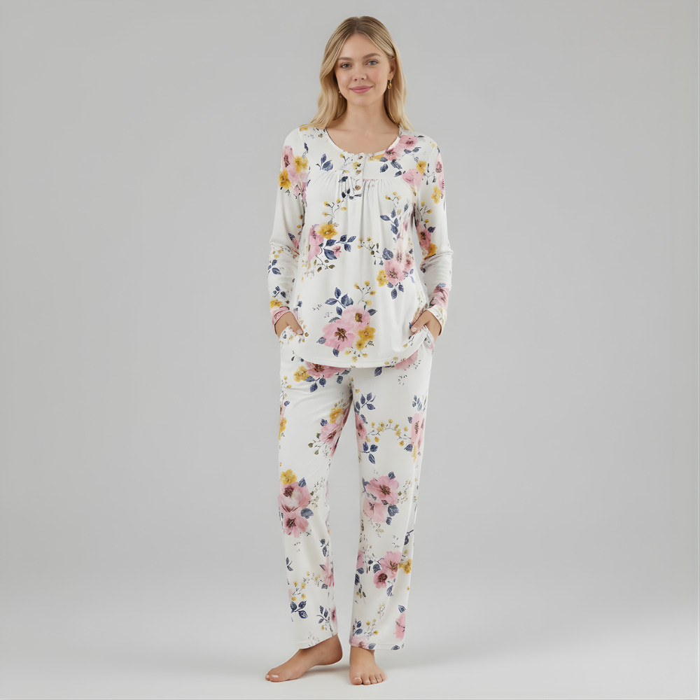 Long Sleeve Printed Pajama Set With Pockets