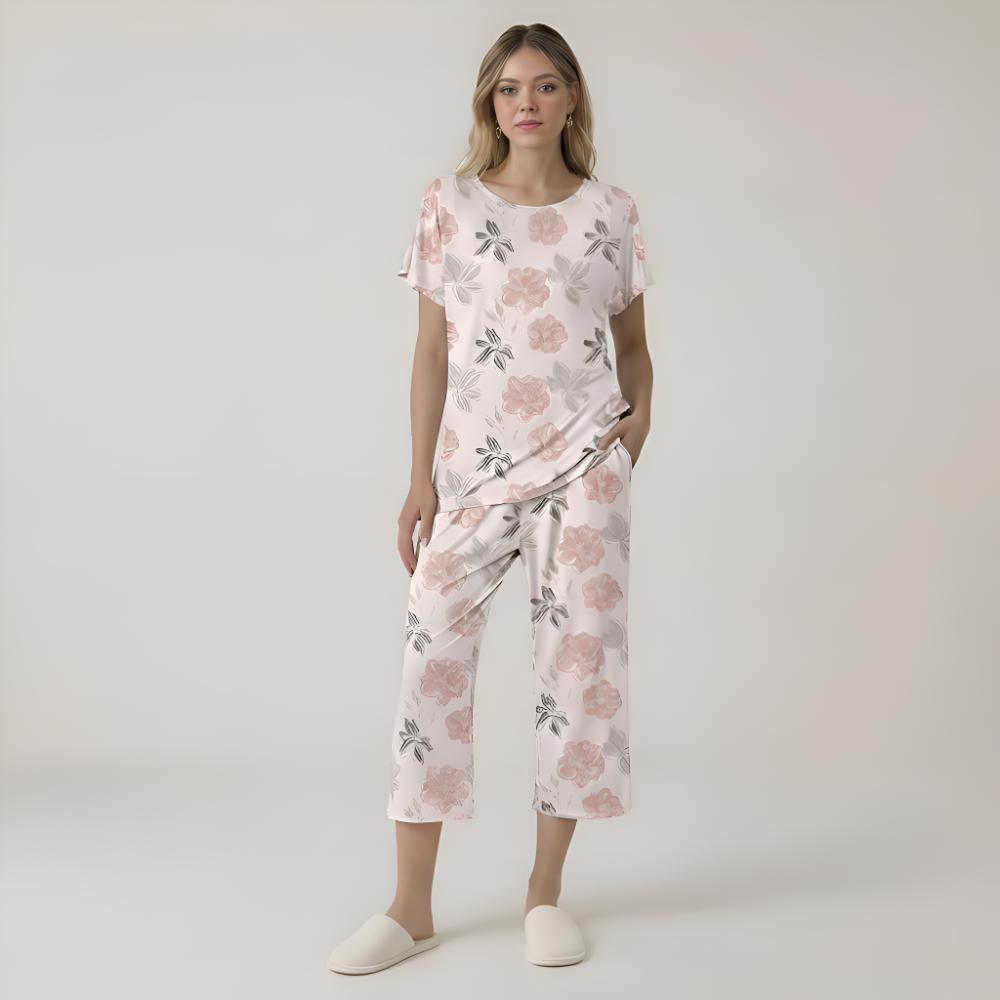 Capri Style Pajama Set With Floral Design