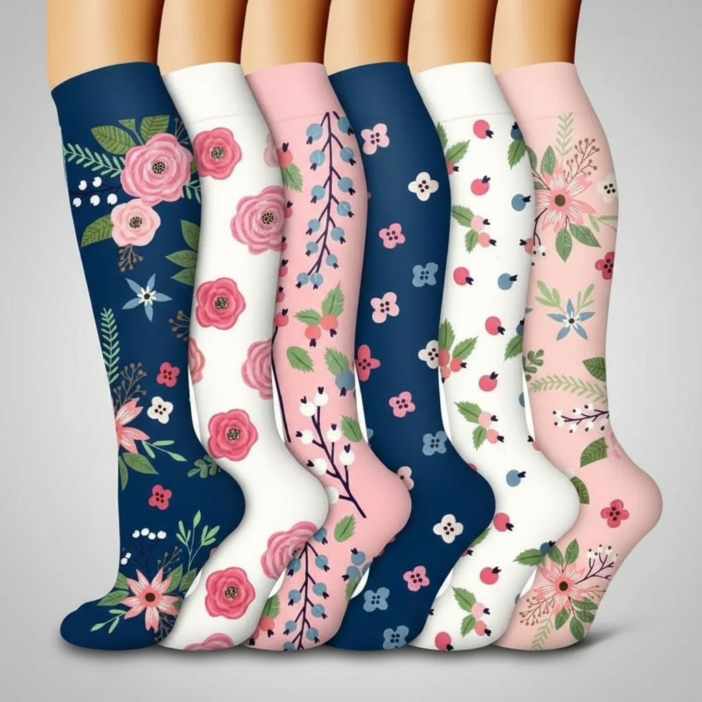 6 Pairs Of Flower Pattern Copper Compression Support Socks