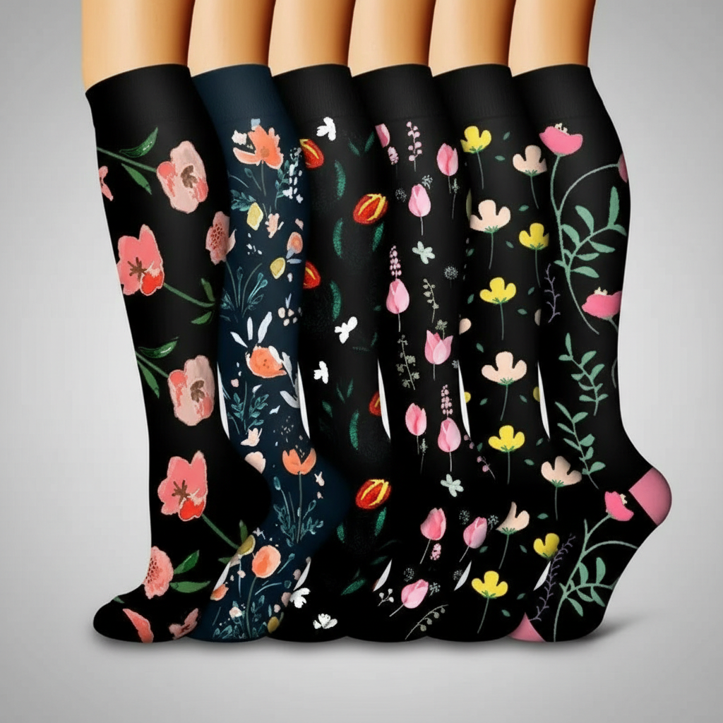 6 Pairs Of Flower Pattern Copper Compression Support Socks