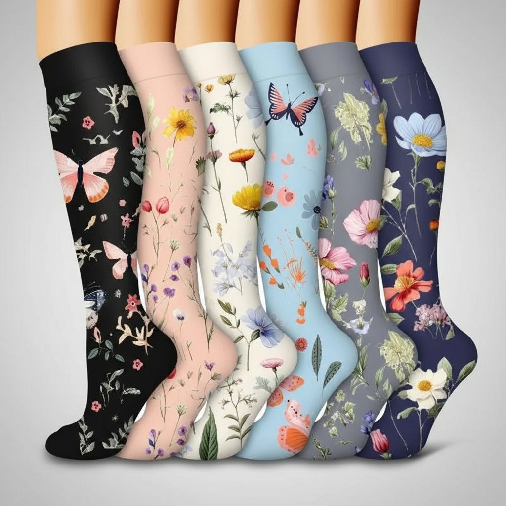 6 Pairs Of Flower Pattern Copper Compression Support Socks