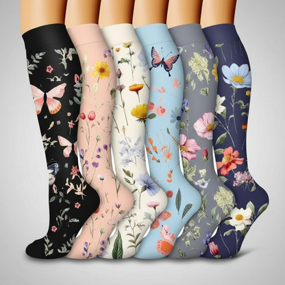 6 Pairs Of Flower Pattern Copper Compression Support Socks